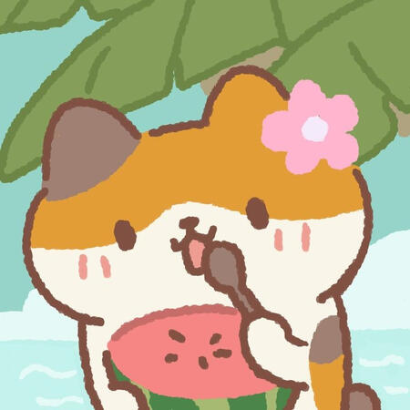 Cat (grey, orange and white) from Animal Restaurant eating watermelon on a beach.